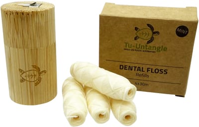 Tu-Untangle Natuurlijke Flosdraad 5x30m inclusief Bamboe houder – Muntsmaak – Plasticvrije Dental Floss
