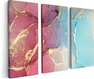Artaza Canvas Schilderij Drieluik Abstracte Kunst van Marmer - Roze met Blauw - 120x80 cm - Wanddecoratie Woonkamer - Schilderijen - Muurdecoratie