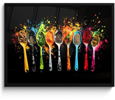 Poster in lijst - Fotolijst 70x50 cm - Posters - Lepels - Kruiden - Modern - Graffiti - Verf - Kleurrijk - Posterlijst zwart - Decoratie - Wanddecoratie woonkamer - Muurdecoratie slaapkamer