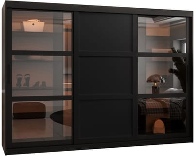 Zweefdeurkast Kledingkast met 3 schuifdeuren glanzen Garderobekast slaapkamerkast Kledingstang met planken | elegante kledingkast - DEMO 3 (250 cm, Zwart)