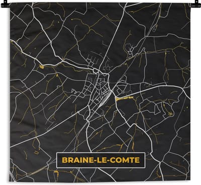 Wandkleed - Wanddoek - Stadskaart - Braine-le-Comte - Kaart - Goud - Plattegrond - 180x180 cm - Wandtapijt