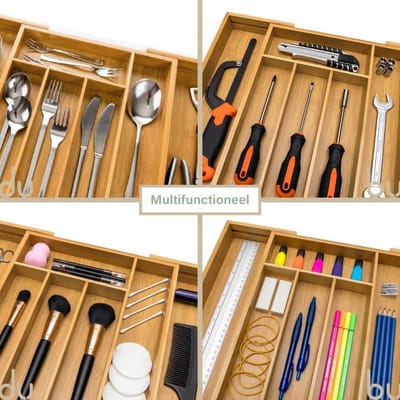 Famanu – Bamboe bestekbak voor keukenlade - uittrekbare lade-organizer - diepte 33,5 cm - ruimtebesparend - duurzaam materiaal - geschikt voor bestek en keukenaccessoires