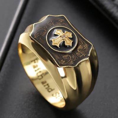 Nieuwe Creatieve Goudkleurige Kunstmatige Zwarte Onyx Kruis Geloof En Kracht Ring Voor Mannen Feest Charme Cadeau Ringen Mode Accessoires 12 black