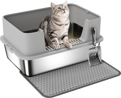 Pawhut Kattenbak-Roestvrij staal, kunststof-60,2L x 40,2B x 29,5H cm-Grijs