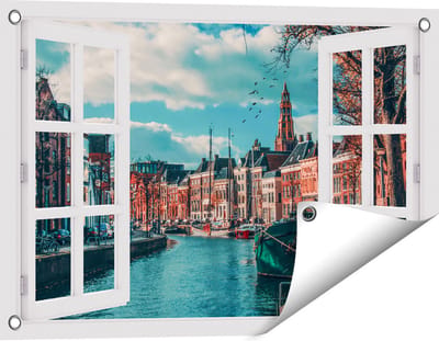 Gards Tuinposter Doorkijk Gracht in Groningen - 60x40 cm - Tuindoek - Tuindecoratie - Wanddecoratie buiten - Tuinschilderij