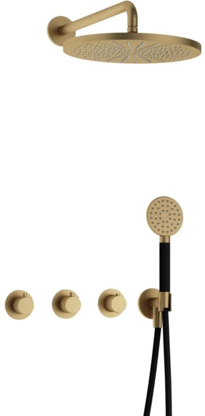 Hotbath Cobber - CB7067 - Inbouw Regendoucheset - Geborsteld Messing - 2 Stopkranen - Thermostatisch - Wandarm 40 cm - Hoofddouche 300 mm - Ronde Handdouche 3 Standen - met M106 - Waterbesparend