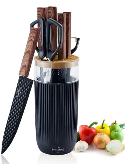 Swiss Haus® KS8B Messenset Met Blok – 8 Delige Professionele Keukenmessen Set - Inclusief Schaar & Dunschiller – Antiaanbaklaag – Houtlook / Zwart
