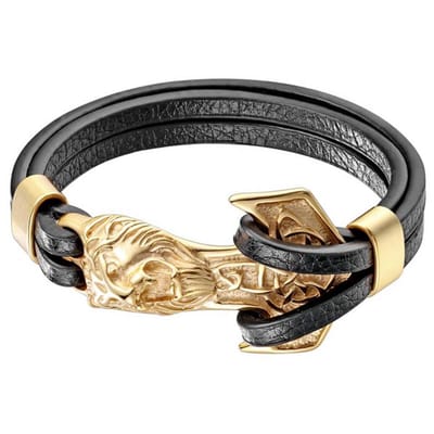 Leren armband Mannen Mendes Anker Leeuw Edelstaal Goudkleurig Zwart