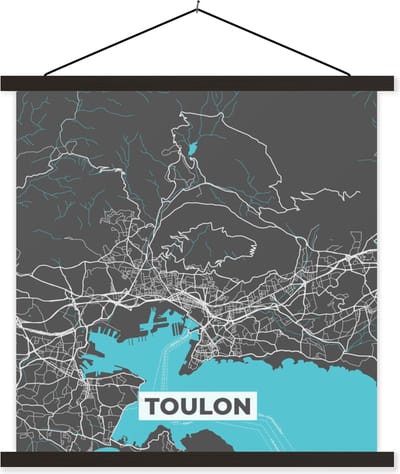 Posterhanger incl. Poster 60x60 cm - Schoolplaat - Toulon - Plattegrond - Kaart - Stadskaart - Frankrijk - Textielposter - Zwarte latten - Stadskaart
