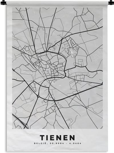 Wandkleed - Wanddoek - Zwart Wit – België – Plattegrond – Stadskaart – Kaart – Tienen - 120x180 cm - Wandtapijt