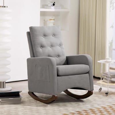 Schommelstoel – Gestoffeerde schommelstoel met zijzak – Babykamer glijstoel met hoge rugleuning en rubberhouten poten fauteuil – Comfortabele accentstoel voor woonkamer en slaapkamer – 86×66×65 cm – lichtgrijs