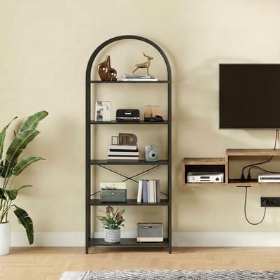 Moderne 5-laags boekenkast - gemaakt van hout en metaal met brede open planken- display- en opbergplank voor woonkamer- thuiskantoor- slaapkamer- zwart