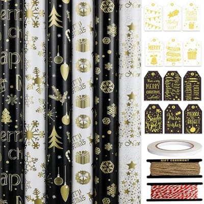 Kerst Inpakpapier Set met 6 Rollen en Accessoires - Luxe Cadeaupapier voor de Feestdagen