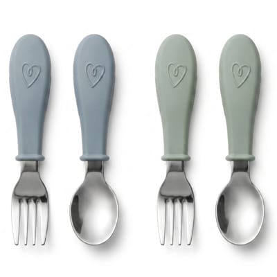 Broemba RVS Kinderbestek - Set van 4 stuks - 2x Baby Lepel & Baby Vork - 100% BPA-vrij Babybestek - Lepeltjes en Vorkjes - Groen / Blauw Peuterbestek