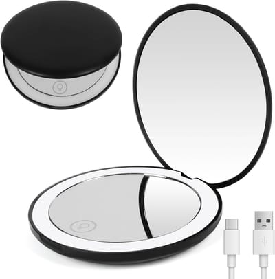 Allecta - Vergrotingsspiegel met Licht en 1X/10X Vergroting, Handspiegel voor Make-up, Zwarte Dimbare Handloep, Oplaadbaar en Compact - Ideaal voor op Reis, Make-up Pincet en Mee-eters Verwijderen