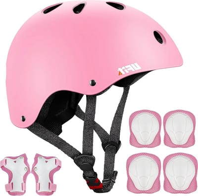 Outdoor sportbeschermingsuitrusting set - 7 stuks - knieelleboogbeschermers en polsbescherming - meisjes - jongens - fietshelm - veiligheidspads - scooter skateboard fiets - roze
