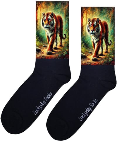 LuckyDay Socks - Tijger sokken - schilderij sokken - Verjaardag cadeau vrouw en man - Vrolijke sokken - Valentijns cadeau - Kerst sokken - Grappige sokken - Leuke dames en heren sokken - Moederdag - Vaderdag - Socks maken Happy - Maat 37-44
