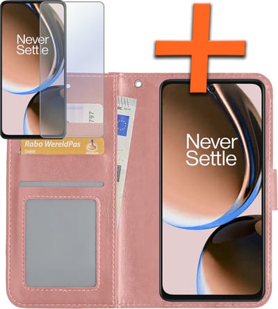 Hoes - Met Screenprotector - Geschikt voor OnePlus Nord CE 3 Lite - Luxe Pasjeshouder - Bookcase Portemonee - Flip Case - Kunstleer Book Case - Flipcase - Book Cover - Walletcase - PortemonneeHoes - Rosé goud