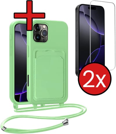 Hoesje Geschikt voor iPhone 16 Pro Hoesje Met Telefoonkoord en Pasjeshouder Met 2x Screenprotector Siliconen - Hoes Geschikt voor iPhone 16 Pro Hoesje Met Kaarthouder Case - Groen