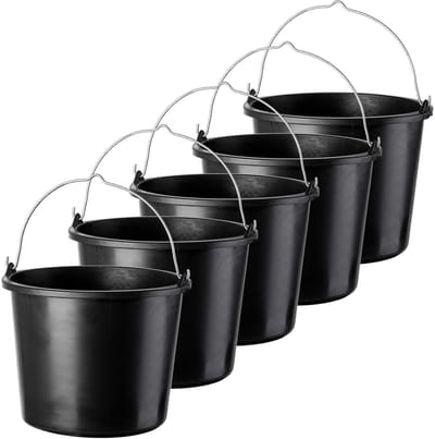 KADAX 5 stuks bouwemmer, 12 l, mortelemmer van kunststof, wateremmer voor tuin, bouwplaats, zwarte emmer, stabiele cementemmer, mortelbak, poetsemmer, metselbak (5)