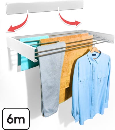 Bodo® Droogrek Inklapbaar - Wanddroogrek - 100 cm - Inclusief Boormal - Vernieuwd 2025 Model - Wasrek Hangend - Uitklapbaar - Muur - Ophangbaar - 6m Drooglengte - Wit