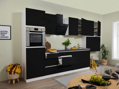 Goedkope keuken 370 cm - complete keuken met apparatuur Lorena - Wit/Zwart - soft close - keramische kookplaat - afzuigkap - oven - spoelbak