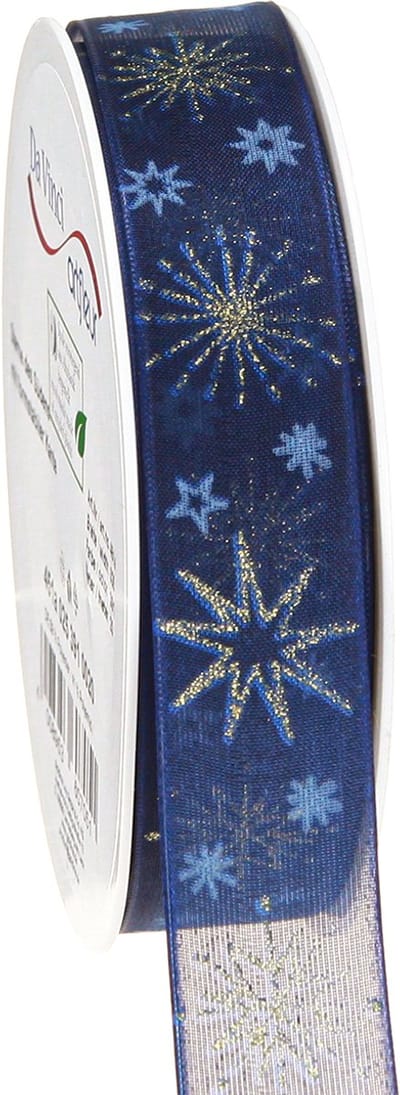 Blauw kerstlint met gouden sterren 25mm 20m