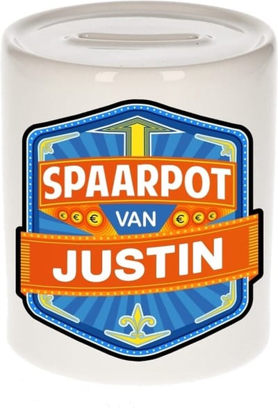 Bellatio Decorations Kinder spaarpot met naam - Justin - keramiek - met dop - wit - Sparen - Spaargeld van Justin