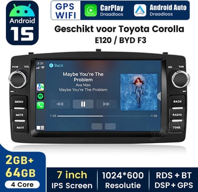 Hexinex Quad-Core autoradio Geschikt voor Toyota Corolla E120 / BYD F3 - Draadloos CarPlay, GPS Navi, Android Auto, Android 15, multimediaspeler, 2GB+64GB