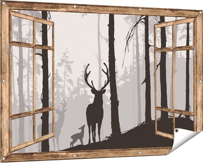 Gards Tuinposter Doorkijk Herten in het Bos - Silhouet - 150x100 cm - Tuindoek - Tuindecoratie - Wanddecoratie buiten - Tuinschilderij