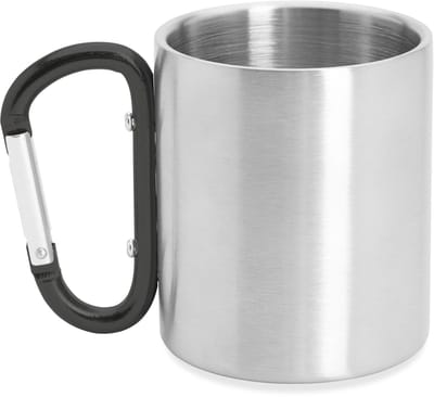 RVS mok model Guaya met gekleurde karabijnhaak als handvat- Zwart - 230 ML - Beker zonder deksel - kan aan rugzak gehangen worden - Reizen - Thee - Koffie. Geschikt voor laser