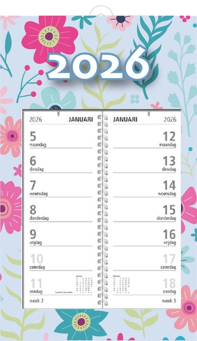 MGPcards - Omlegweekkalender 2026 - Week begint op maandag - 21 x 34 cm - Flowers - Licht blauw
