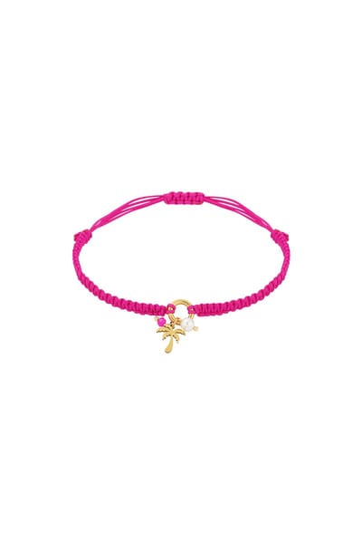 Palm Paradise Dames Armband - Verstelbaar Koord - Fuchsia - Fel Roze - Stainless Steel - Imitatie Parel - Kristal - Touw armband - Polyester armband - Enkelbandje - Charm sieraden - Ibiza - Boho - Cadeau - Festival