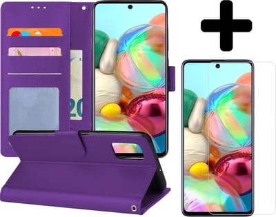 Hoesje - Met Screenprotector - Geschikt voor Samsung Galaxy A71 - Luxe Pasjeshouder - Flipcase - Bookcase Portemonee - Flip Case - Kunstleer Book Case - Book Cover - Walletcase - Portemonneehoes - Telefoonhoes - Paars