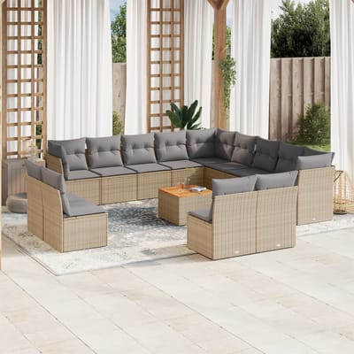 vidaXL - 14-delige - Loungeset - met - kussens - poly - rattan - gemengd - beige