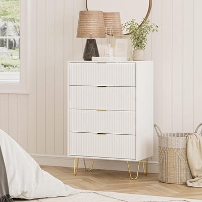 Commode met 4 Laden 60 x 34 x 91 cm Witte Moderne Ladekast met Metalen Poten en Gouden Handgrepen Opbergkast voor Slaapkamer Woonkamer en Hal Bella