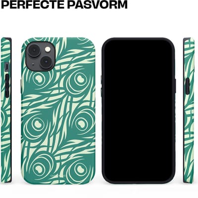 Casetastic hoesje geschikt voor Apple iPhone 14 Plus - MagSafe - Dubbellaagse bescherming - Troste Turquoise Pauw Veren - Fashion Case - Turquoise Mintgroen Crème