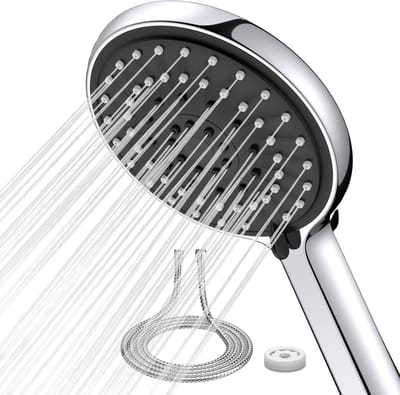 Chromen douchekop met 2 m premium flexibele slang van roestvrij staal & 9,5 l/min doorstroombegrenzer en filter voor douchekoppen, zelfreinigend, ABS-premium materiaal