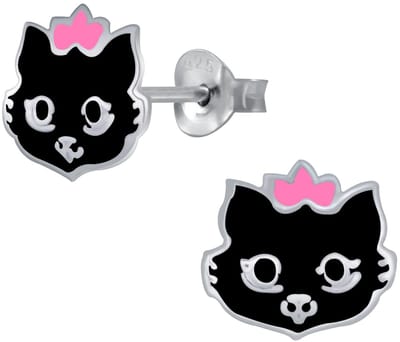 Joy|S - Zilveren Kat poes oorbellen - zwart - 10 x 8 mm