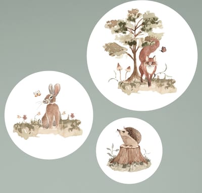 Muurcirkel set van 3 bosdieren vos, egel en haas-kinderkameraccessoires-decoratie-bosdieren-muurcirkel