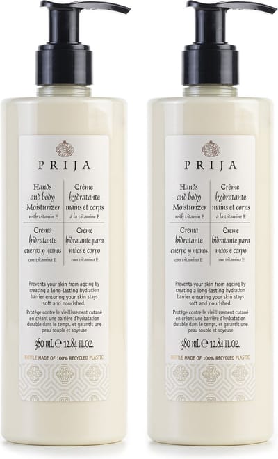 PRIJA 2in1 Vochtinbrengende handcrème, bodylotion met vitamine E, lotion met pompje, veganistisch, 2x 380 ml