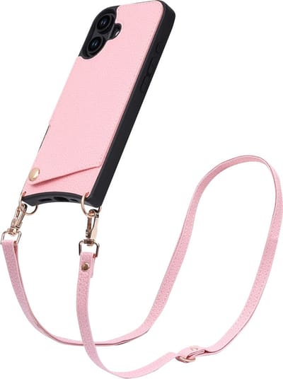 CaseBoutique Backcase hoesje geschikt voor iPhone 16 - Effen Roze - Kunstleer - met Crossbody Koord & Pashouder