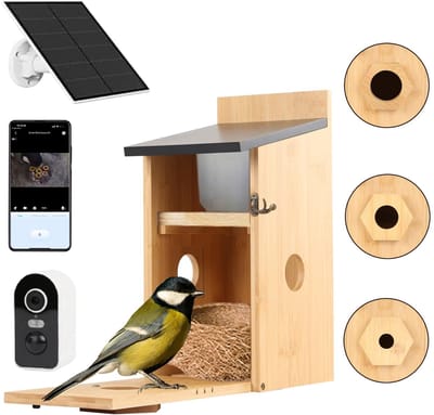 Vogelhuis met camera, 5MP HD nestkast voor buiten, 2,4G wifi & app-melding, volg het nesten en uittrekken, automatische opname van vogelvideo's en bewegingsdetectie, op zonne-energie
