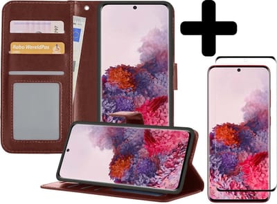 Hoesje - Met Screenprotector - Geschikt voor Samsung Galaxy S20 - Luxe Pasjeshouder - Bookcase Portemonee - Flip Case - Kunstleer Book Case - Flipcase - Book Cover - Walletcase - Portemonneehoes - Telefoonhoesjes - Bruin