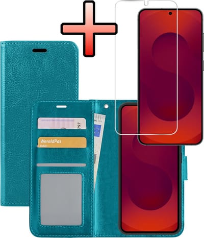 Hoesje - Met Screenprotector - Geschikt voor Samsung Galaxy S25 - Luxe Pasjeshouder - Bookcase Portemonee - Flip Case - Kunstleer Book Case - Flipcase - Book Cover - Walletcase - Portemonneehoes - Turquoise