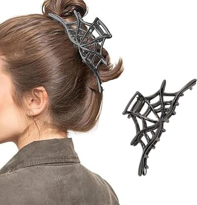 Daity 1 stuk zwarte spinnenweb haarclip - Halloween metalen spinnenklauwclip - middelgrote zwarte legering spinnenweb ontwerp haai haarklauwclip - sterke veer Halloween volwassen haaraccessoires