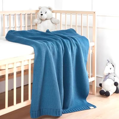 Dailygoods- Babydeken 550g - 100% Biologisch Katoen - Oeko-Tex 100 Gecertificeerd - Extra Dik - Zacht Gebreid - Luxe Blauwe Deken - Dekentje