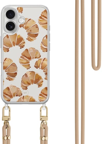 Hoesje met koord geschikt voor iPhone 16 - Croissant - Inclusief zwart koord - Crossbody beschermhoes - Transparant, Bruin - Mooie Telefoonhoesjes
