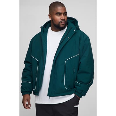 Plus Regular Fit Piping Detail Nylon Padded Parka Jacket | Forest | Size 2XL