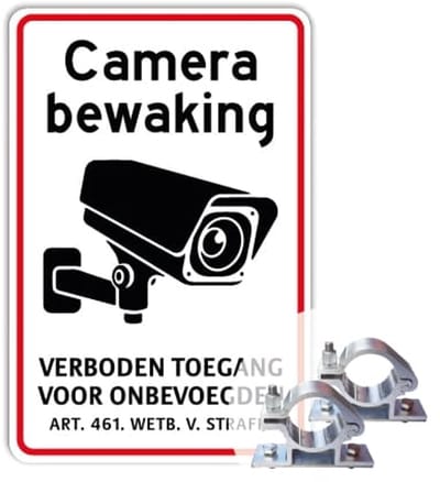 Bord Camerabewaking - Verboden toegang - rood - Weerbestendig Aluminium - 40x60 cm - Bevestiging: Met paalbeugels Ø48mm